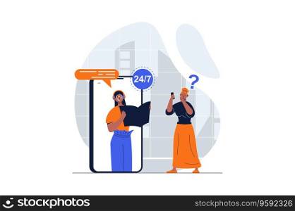 Customer support web concept with character scene. Woman calling hotline and receives answer to question. People situation in flat design. Vector illustration for social media marketing material.