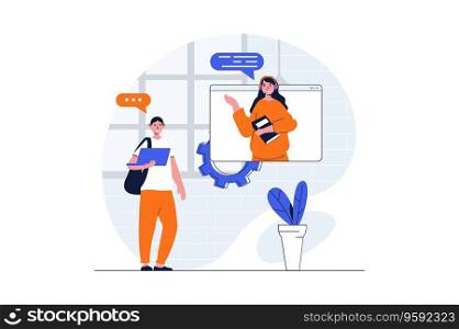 Customer support web concept with character scene. Woman helping client and communicating via video chat. People situation in flat design. Vector illustration for social media marketing material.