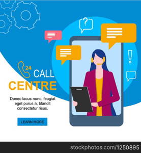 Customer Support Woman Operator with Headset Microphone on Mobile Phone Screen Call Centre Vector Illustration. Online Assistance Internet Chat Client Communication Female Assistant App. Woman Operator with Headset on Mobile Phone Screen