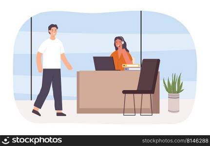 Customer support. Woman worker in headset sitting at desk and talking to client. Female character providing service and help at call center. Man coming to helpdesk for consultation vector. Customer support. Woman worker in headset sitting at desk and talking to client. Female character providing service