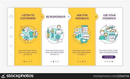 Customer support yellow onboarding template. Good assistance for client. Responsive mobile website with linear concept icons. Web page walkthrough 4 step screens. Lato-Bold, Regular fonts used. Customer support yellow onboarding template