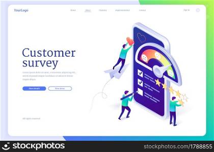 Customer survey isometric landing page. Tiny people clients at huge smartphone screen give feedback, choose answer, put rate stars and fill check list making decision and research 3d vector web banner. Customer survey isometric landing page, web banner