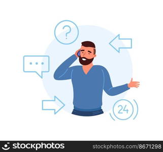 Customer talking phone. Man calling in client service support, vector illustration isolated on white background. Customer talking phone. Man calling in client service support, vector illustration