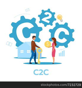 Customer to customer business model flat vector illustration. C2C concept. Commercial deal. Commerce between private individuals. Goods, services exchange. Isolated cartoon character on white. Customer to customer business model flat vector illustration
