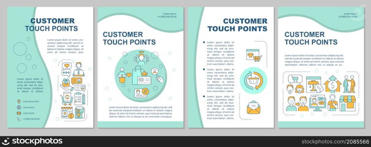 Customer touch points mint brochure template. Client service. Booklet print design with linear icons. Vector layouts for presentation, annual reports, ads. Arial-Black, Myriad Pro-Regular fonts used. Customer touch points mint brochure template