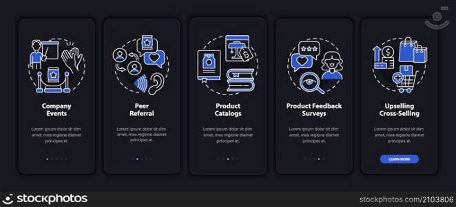 Customer touchpoints night mode onboarding mobile app screen. Walkthrough 5 steps graphic instructions pages with linear concepts. UI, UX, GUI template. Myriad Pro-Bold, Regular fonts used. Customer touchpoints night mode onboarding mobile app screen