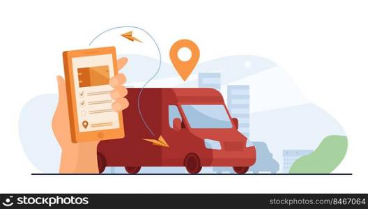 Customer using mobile app for tracking order delivery. Human hand with smartphone and courier van on street with map pointer above. Vector illustration for gps, logistics, service concept