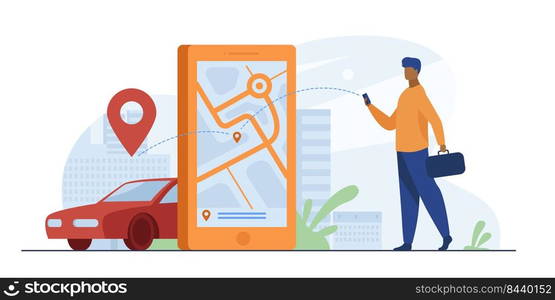 Customer using online app for taxi order or car rent. Man searching cab on city map. Vector illustration for car sharing service, city transportation, application concept