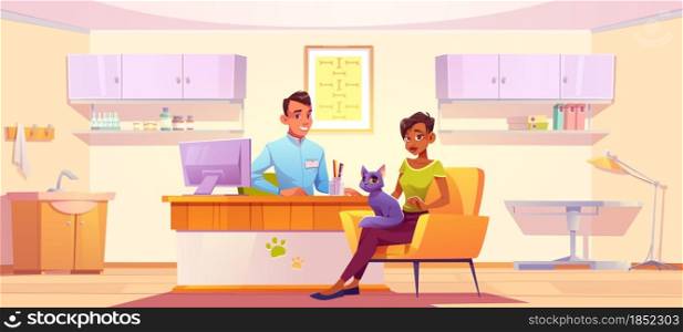 Customer with cat visit vet clinic for medical aid and exam pet. Vector cartoon illustration of veterinarian doctor and woman with kitten in medical office in animal hospital. Customer with cat visit doctor in vet clinic