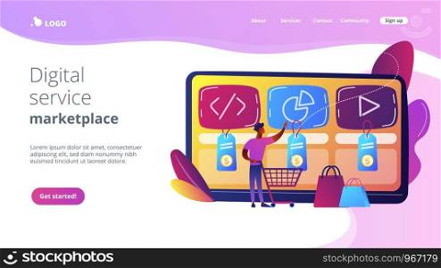 Customer with shopping cart buying digital service online. Digital service marketplace, ready digital solution, online marketplace framework concept. Website vibrant violet landing web page template.. Digital service marketplace concept landing page.