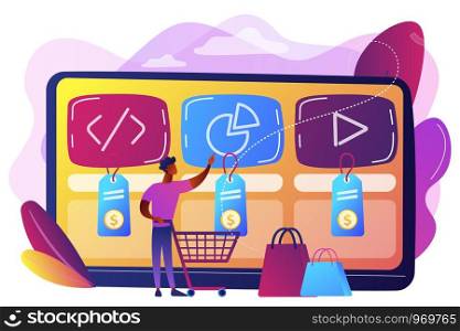 Customer with shopping cart buying digital service online. Digital service marketplace, ready digital solution, online marketplace framework concept. Bright vibrant violet vector isolated illustration. Digital service marketplace concept vector illustration.