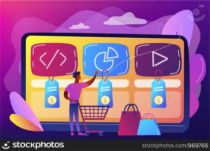Customer with shopping cart buying digital service online. Digital service marketplace, ready digital solution, online marketplace framework concept. Bright vibrant violet vector isolated illustration. Digital service marketplace concept vector illustration.