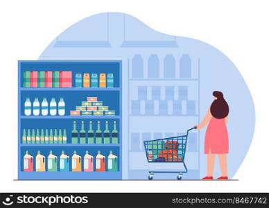 Customer with trolley buying variety of food in grocery store. Woman choosing goods on shelves of supermarket, standing in aisle flat vector illustration. Hypermarket department, consumerism concept. Customer with trolley buying variety of food in grocery store