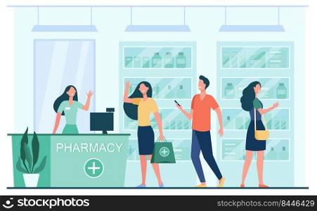 Customers and pharmacist in pharmacy store. People buying medication in drugstore. Flat vector illustration for service, treatment, pharmaceutics concept