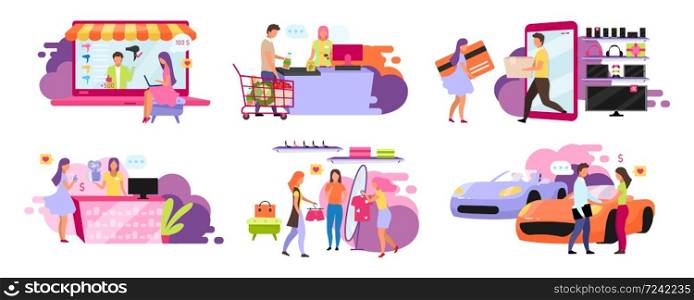 Customers and sellers flat vector illustrations set. Purchasing goods, ordering delivery online, on website. Going to supermarket, convenience store. Shopping isolated cartoon characters