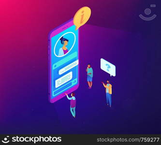 Customers asking for information electronic support in mobile phone. Customer self-service, e-support system, electronic customer support concept. Ultraviolet neon vector isometric 3D illustration.. Customer self-service isometric 3D concept illustration.