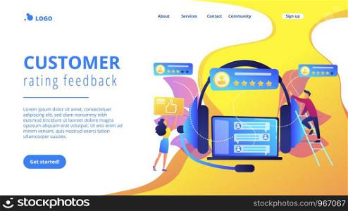 Customers at laptop and headset giving thumb up, rating stars. Customer feedback, customer rating feedback, customer relationship management concept. Website vibrant violet landing web page template.. Customer feedback concept landing page.