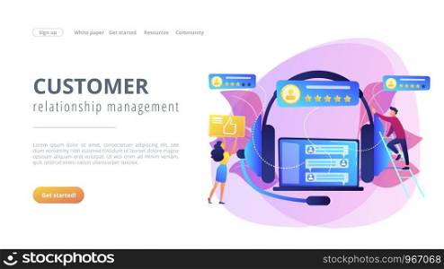 Customers at laptop and headset giving thumb up, rating stars. Customer feedback, customer rating feedback, customer relationship management concept. Website vibrant violet landing web page template.. Customer feedback concept landing page.