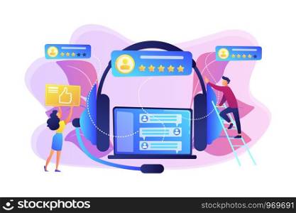 Customers at laptop and headset giving thumb up, rating stars. Customer feedback, customer rating feedback, customer relationship management concept. Bright vibrant violet vector isolated illustration. Customer feedback concept vector illustration.
