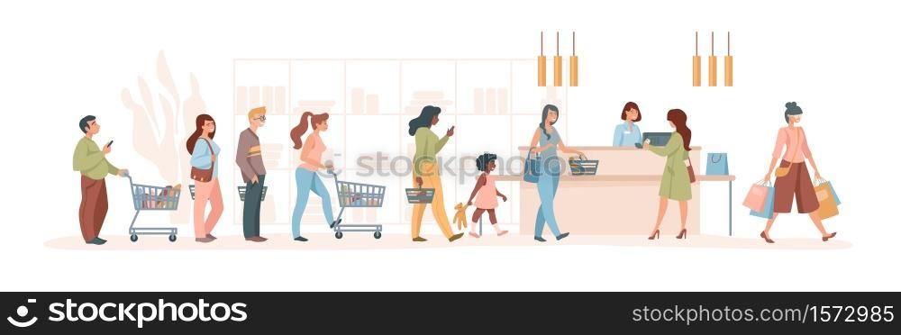 Customers at supermarket. Cartoon characters pay to cashier in grocery or retail store, buyers with trolley and goods in line. Vector purchase scene in retail store with cashier. Customers at supermarket. Cartoon characters pay to cashier in grocery or retail store, buyers with trolley and goods in line. Vector purchase scene