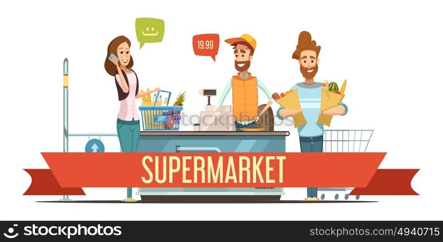 Customers At Supermarket Checkout Cartoon Illustration. Customers with brown paper grocery bags and cashier at supermarket checkout counter cash register cartoon poster vector illustration