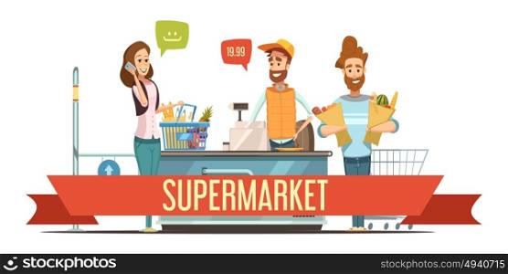 Customers At Supermarket Checkout Cartoon Illustration. Customers with brown paper grocery bags and cashier at supermarket checkout counter cash register cartoon poster vector illustration