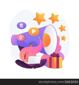 Customers attraction, business promotion, social media advertising. Gift for likes, marketing move, ad method. Adman with loudspeaker cartoon character. Vector isolated concept metaphor illustration.. Customers attraction vector concept metaphor.