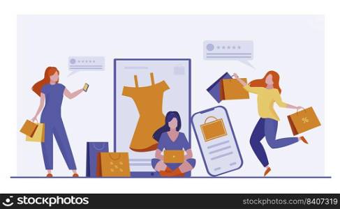 Customers buying goods online. Women with shopping bags and phones leaving feedback flat vector illustration. Satisfaction, rating, consumerism concept for banner, website design or landing web page