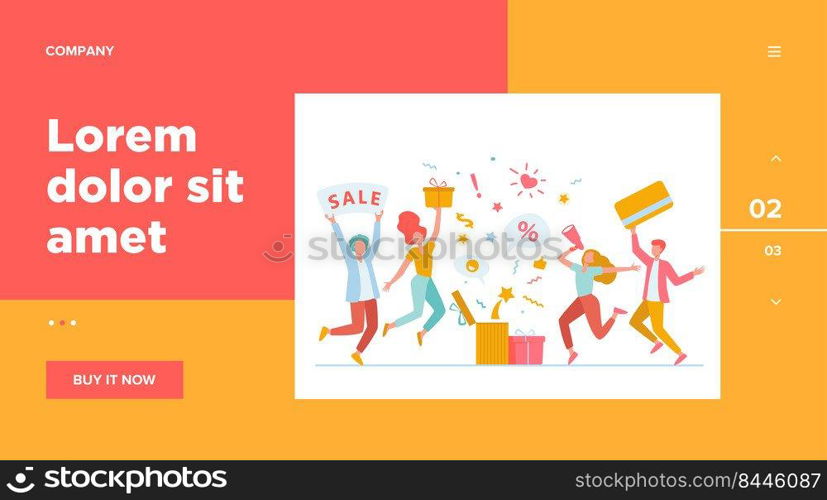 Customers celebrating sale. People holding gift, credit card, loudspeaker, dancing, having fun. Vector illustration for loyalty program, promotion, customer reward concept