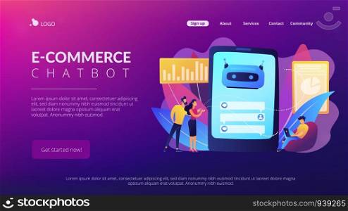 Customers chat with chatbot on smartphone screen with speech bubbles. Customer service chatbot, e-commerce chatbot, self-service experience concept. Website vibrant violet landing web page template.. Chatbot customer serviceconcept landing page.