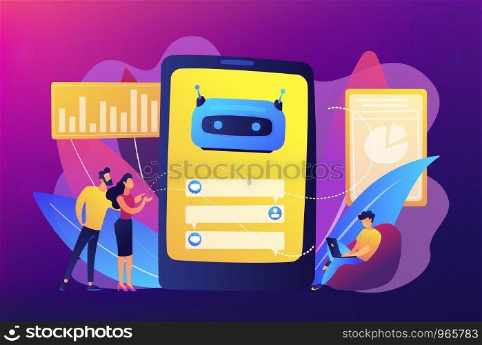 Customers chat with chatbot on smartphone screen with speech bubbles. Customer service chatbot, e-commerce chatbot, self-service experience concept. Bright vibrant violet vector isolated illustration. Chatbot customer service concept vector illustration.