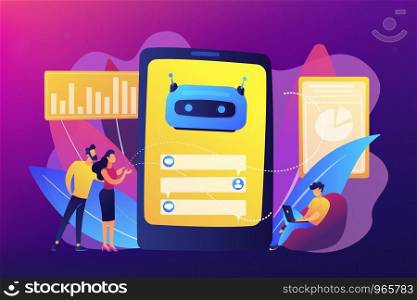 Customers chat with chatbot on smartphone screen with speech bubbles. Customer service chatbot, e-commerce chatbot, self-service experience concept. Bright vibrant violet vector isolated illustration. Chatbot customer service concept vector illustration.