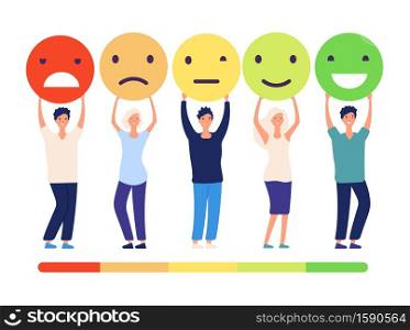 Customers feedback concept. People and measuring review opinions approval recommendation status. Emoticons from bad to good vector set. Illustration of feedback good review, quality status survey. Customers feedback concept. People and measuring review opinions approval recommendation status. Emoticons from bad to good vector set