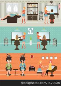 Customers in beauty salon with accessories about hair cut, people conceptual vector illustration.