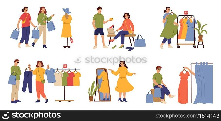 Customers in boutique. Inside fashion store, young woman buy dress clothes. People choosing apparel, beautiful store interiors vector set. Woman boutique store, buyer female character illustration. Customers in boutique. Inside fashion store, young woman buy dress clothes. People choosing apparel, beautiful store interiors vector set