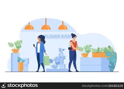 Customers in flower shop. Women with bags choosing houseplants flat vector illustration. Shopping, greenhouse, home plants concept for banner, website design or landing web page