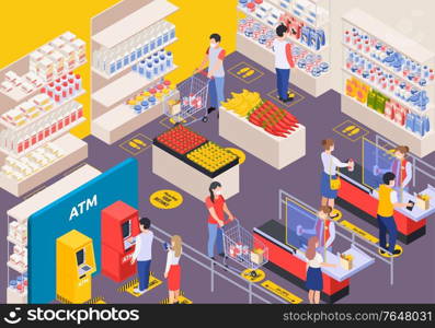 Customers in supermarket interior with markup for social distancing isometric background 3d vector illustration