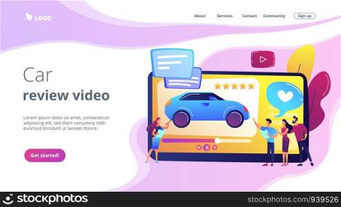 Customers like video with experts and modern car review with rating stars. Car review video, test-drive channel, auto video advertising concept. Website vibrant violet landing web page template.. Car review video concept landing page.