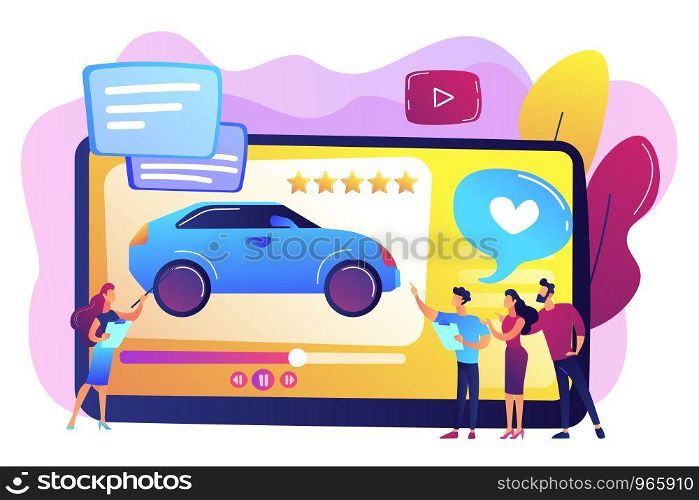 Customers like video with experts and modern car review with rating stars. Car review video, test-drive channel, auto video advertising concept. Bright vibrant violet vector isolated illustration. Car review video concept vector illustration.