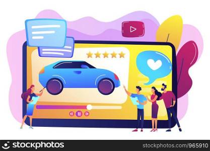 Customers like video with experts and modern car review with rating stars. Car review video, test-drive channel, auto video advertising concept. Bright vibrant violet vector isolated illustration. Car review video concept vector illustration.