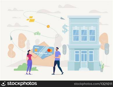 Customers Loan, Mortgage for Young Family, Credit for Small Business Owners Flat Vector Concept. Man and Woman, Standing Together near Bank Building, Holding Envelope with Credit Card Illustration