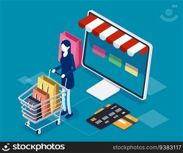 Customers order and buy online. Isometric online store concept