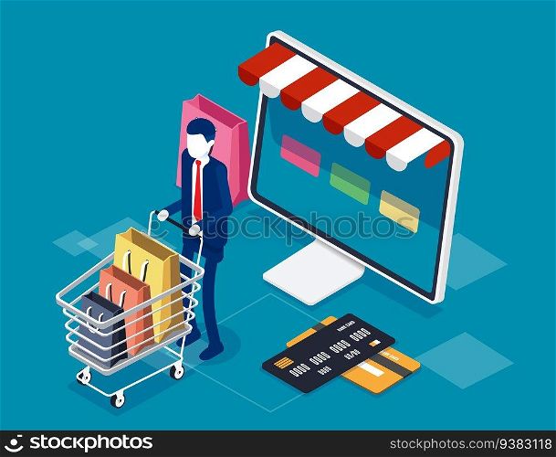 Customers order and buy online. Isometric online store concept