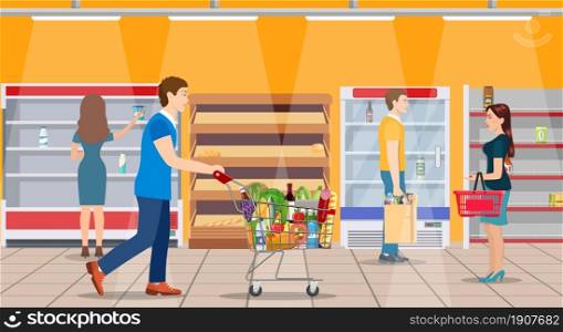 Customers people bying products in supermarket. grocery and consumerism concept. empty store shelves. Vector illustration in flat style. Customers people bying products in supermarket