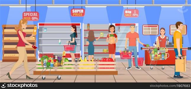 Customers people bying products in supermarket. grocery and consumerism concept. empty store shelves. Vector illustration in flat style. Customers people bying products in supermarket
