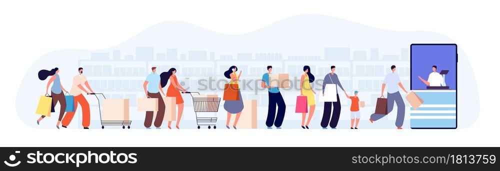 Customers people queue. Client characters, online shop seller or cashier. Waiting line in grocery store, supermarket vector illustration. Shopping buyer waiting, market consumer and shopper. Customers people queue. Client characters, online shop seller or cashier. Waiting line in grocery store, supermarket vector illustration