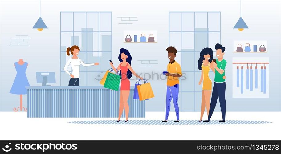 Customers Queue at Cash Register in Clothing Store. Afro American and Caucasian Men and Women with Purchases in Handbags Standing Counter with Friendly Smiling Female Cashier. Vector Illustration. Customers Queue at Cash Register in Clothing Store