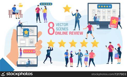 Customers Rating, Client Online Review Trendy Flat Vector Isolated Concepts Set. Businessman Analyzing Customers Experience, Clients Feedback and Buyers Preferences During Shopping Online Illustration