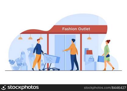 Customers walking into fashion outlet. Shoppers, entrance, cart, window flat vector illustration. Consumerism, clothes purchase, retail concept for banner, website design or landing web page
