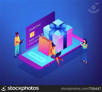 Customers with gadgets order now and buy presents on smartphone screen. Online gift purchase, gift shop application, mobile purchase concept. Ultraviolet neon vector isometric 3D illustration.. Online gift purchase isometric 3D concept illustration.